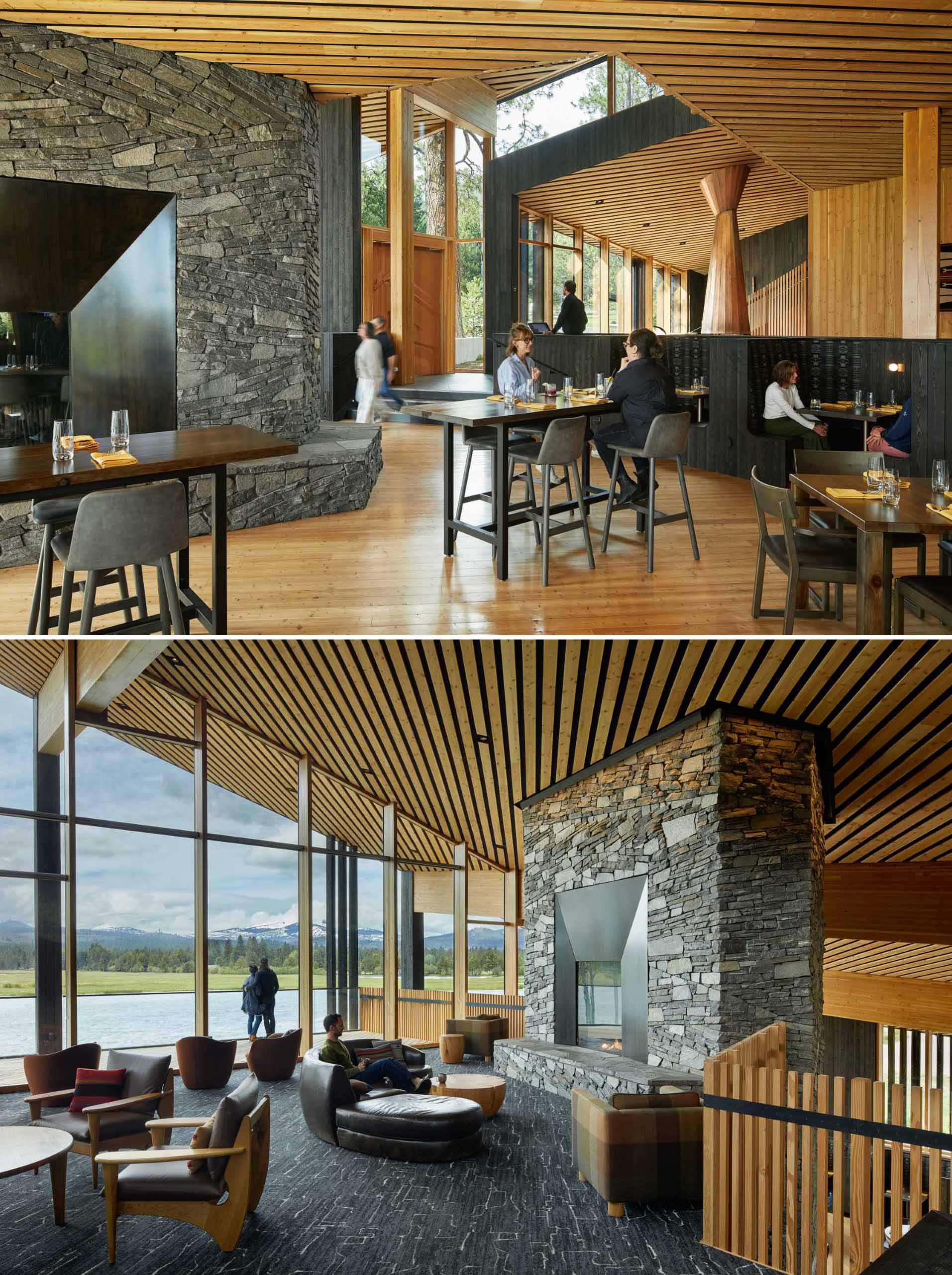 A modern ranch lodge with a black charred cedar exterior (shou sugi ban) and a warm wood interior.