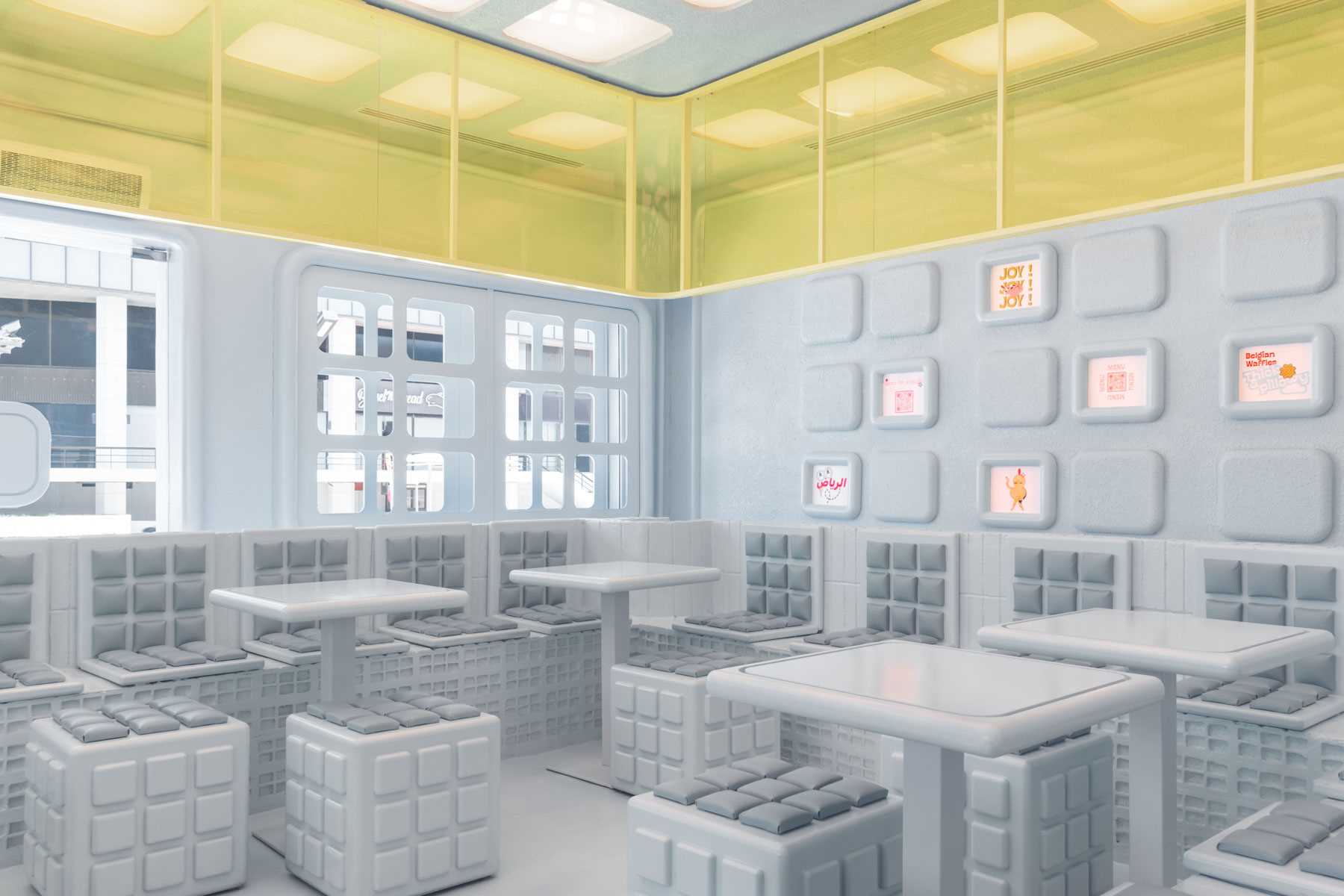 A modern restaurant interior design inspired by the shapes found in a waffle.