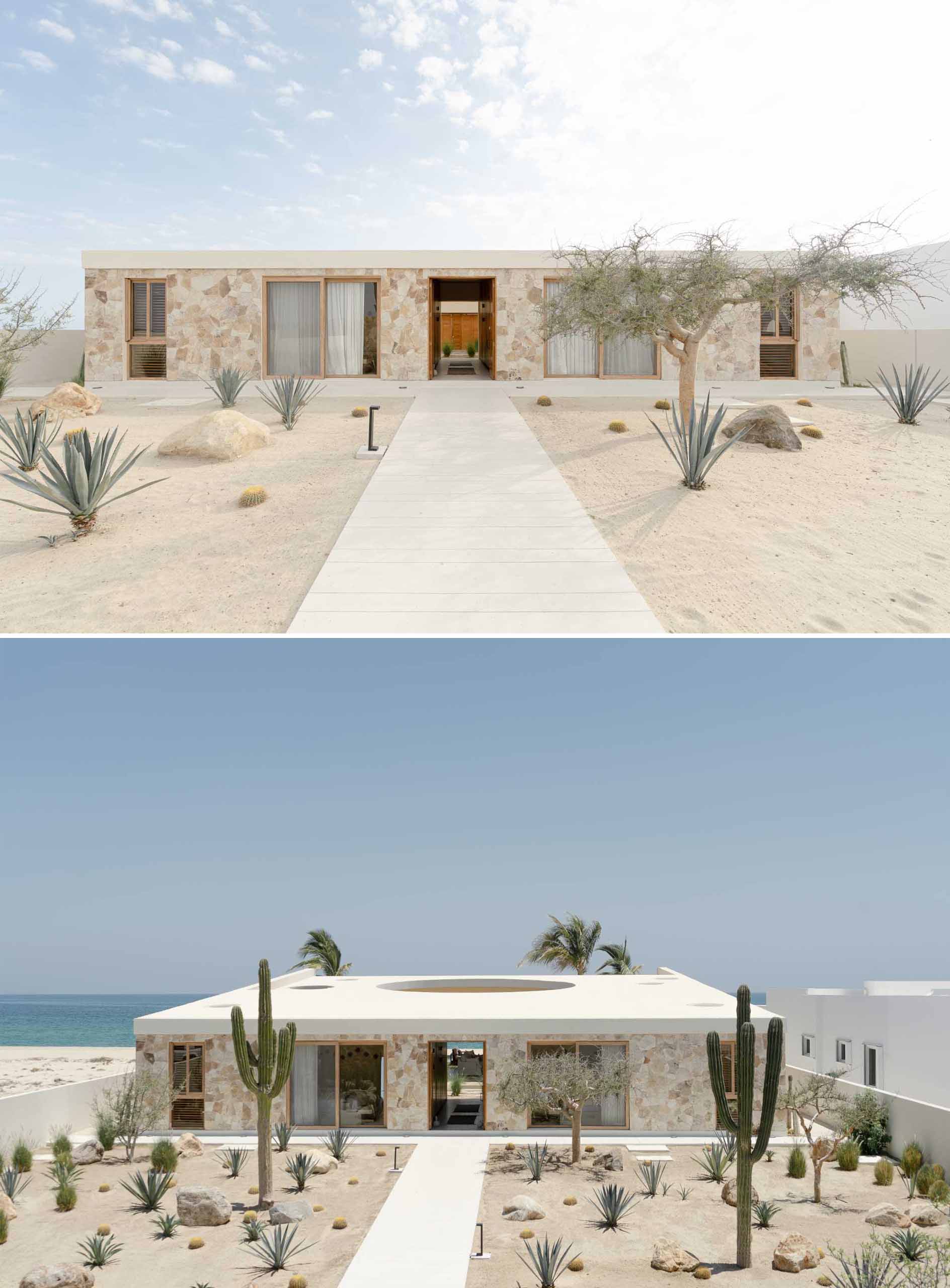 A contemporary stone house located on the beach has an interior courtyard with a sunken lounge.