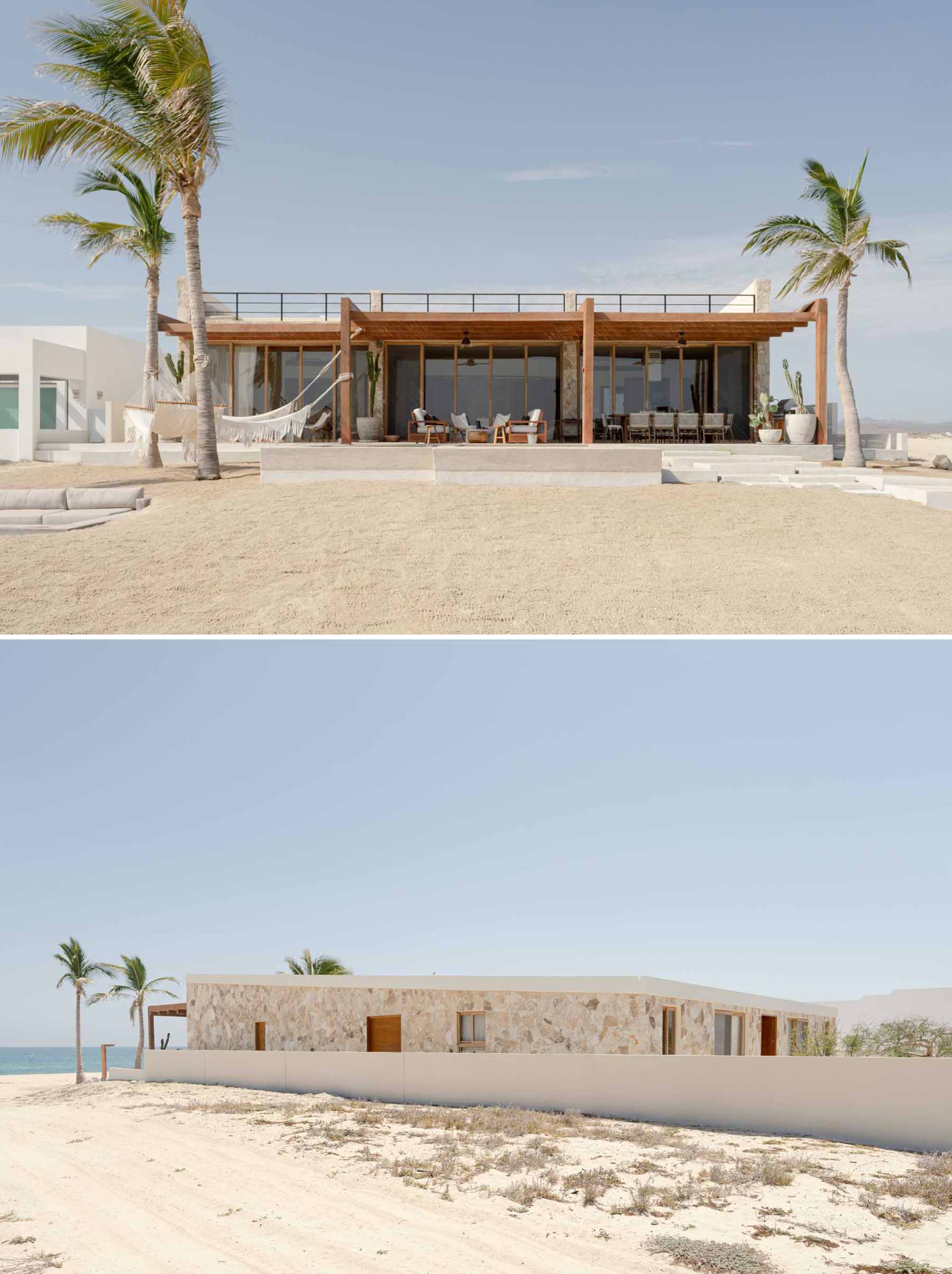 A contemporary stone house located on the beach.