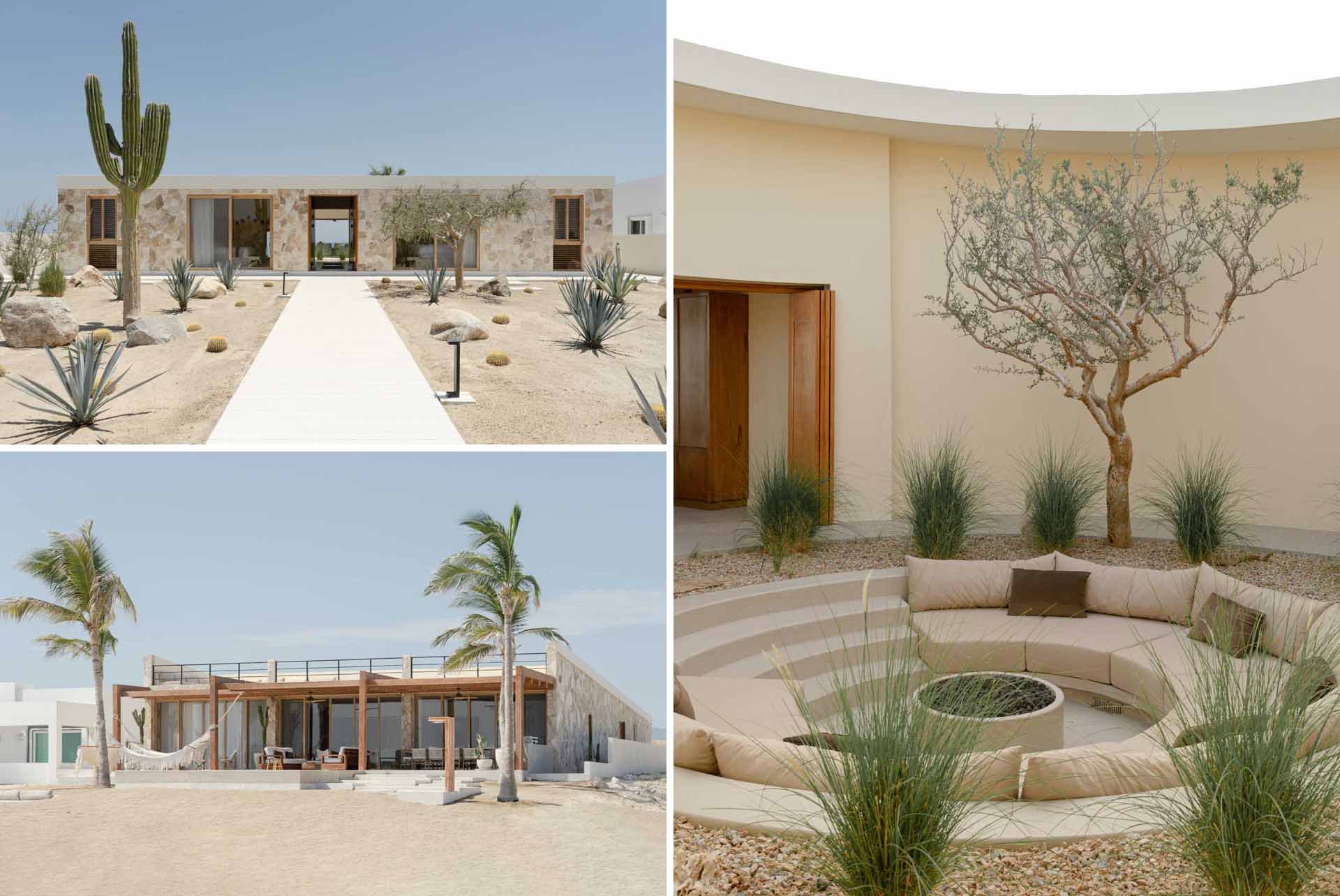 A contemporary stone house located on the beach has an path lined with cacti and an internal courtyard with sunken seating.