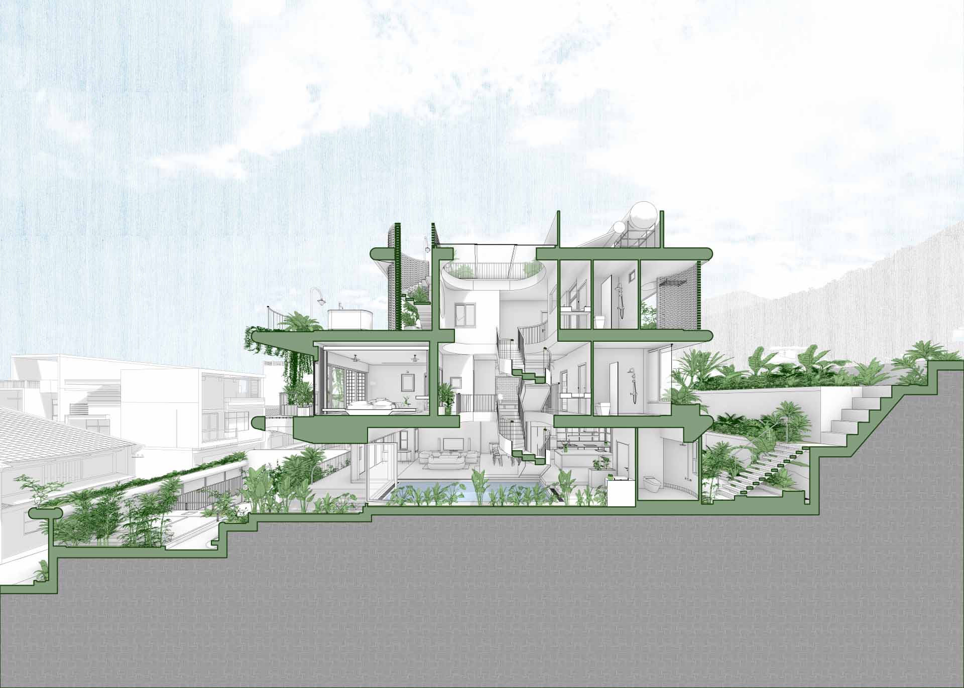 Architectural drawings for a villa with lots of plants and an indoor swimming pool.