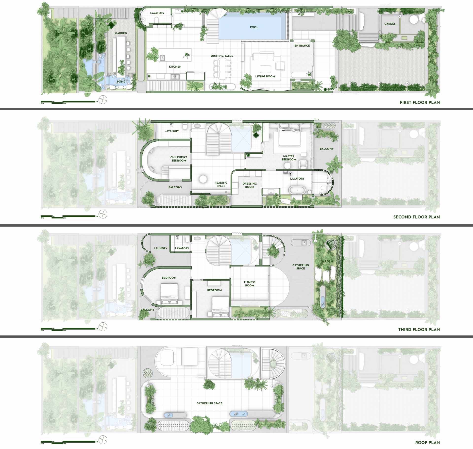 Architectural drawings for a villa with lots of plants and an indoor swimming pool.