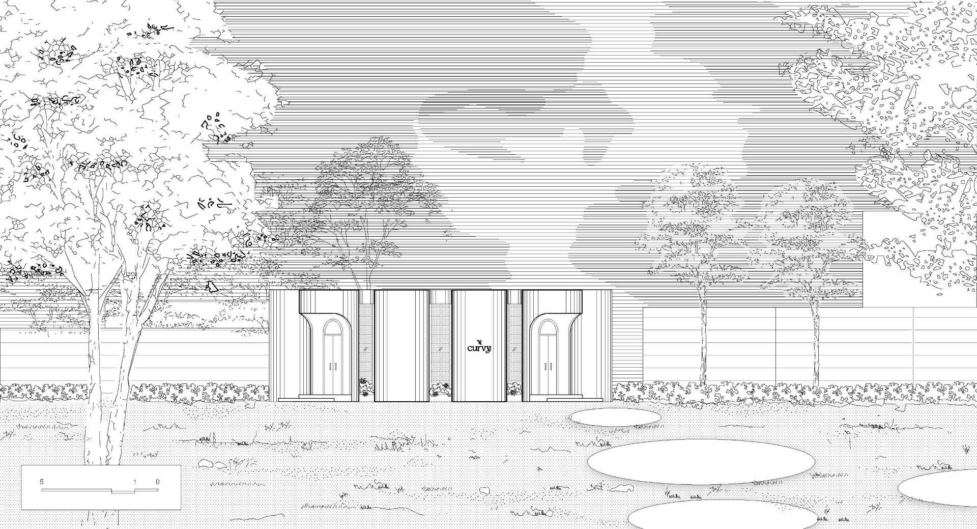 Architectural drawings of a sculptural cafe design inspired by the shape of flowers.