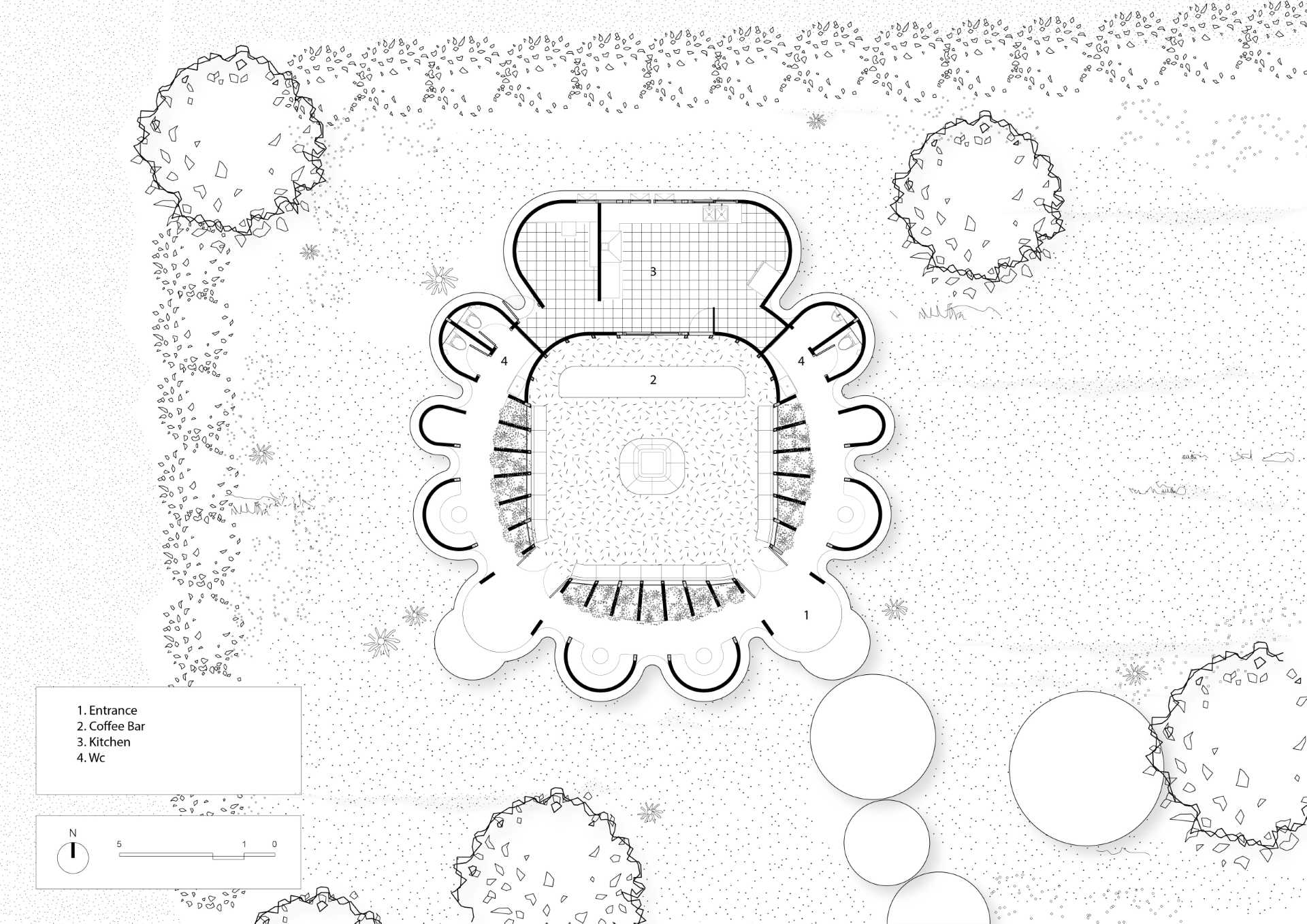 Architectural drawings of a sculptural cafe design inspired by the shape of flowers.