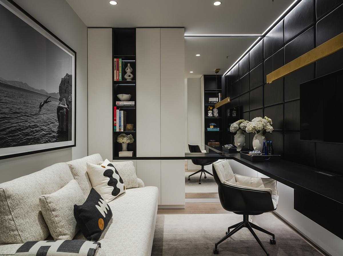 The interior design of a home office. with a couch, built-in desk, textured black leather panels, a mirrored wall, and plenty of storage cabinets.