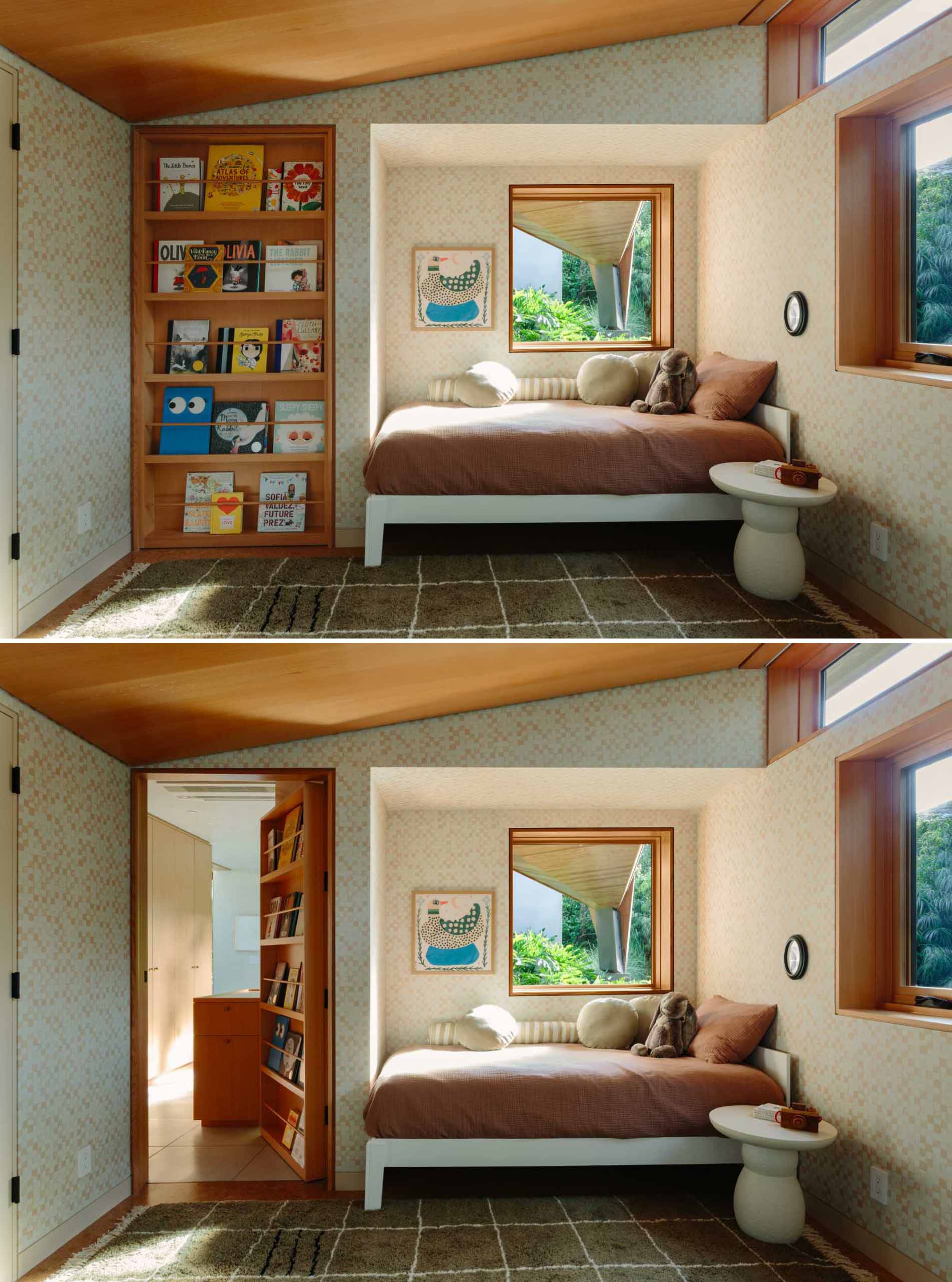 In a child's bedroom, there's doorway hidden in the form of a bookshelf.