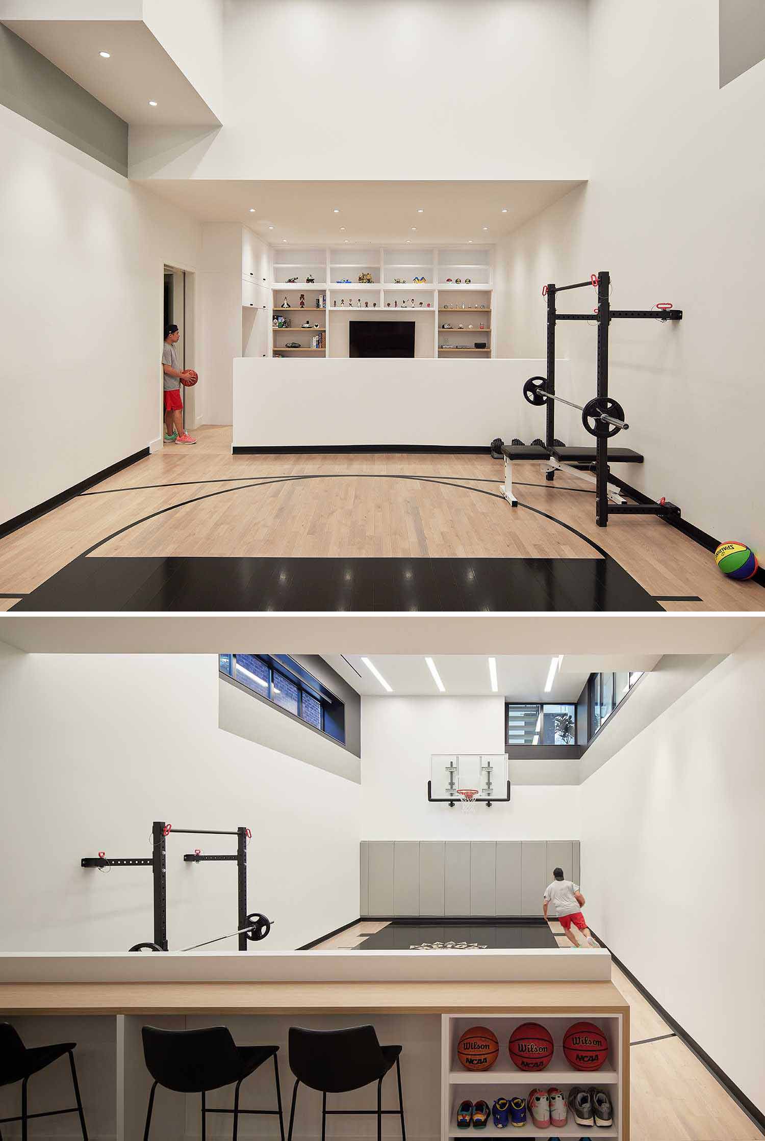 An unexpected space in the home is a basketball court with 18 foot ceilings, as well as a bar area with a TV and display shelves.