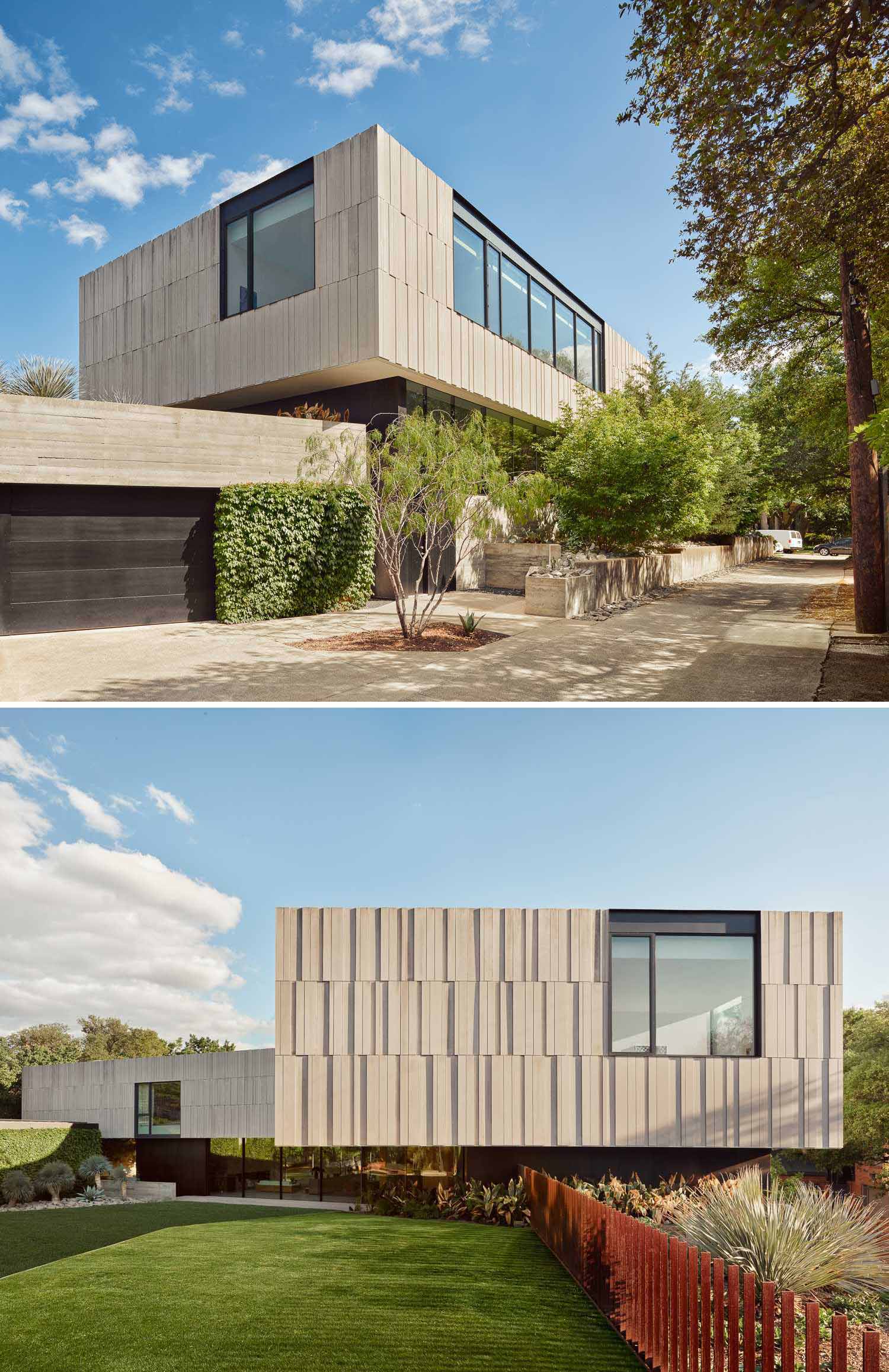 A modern home with a curved design and 40ft long wall of sliding glass doors.