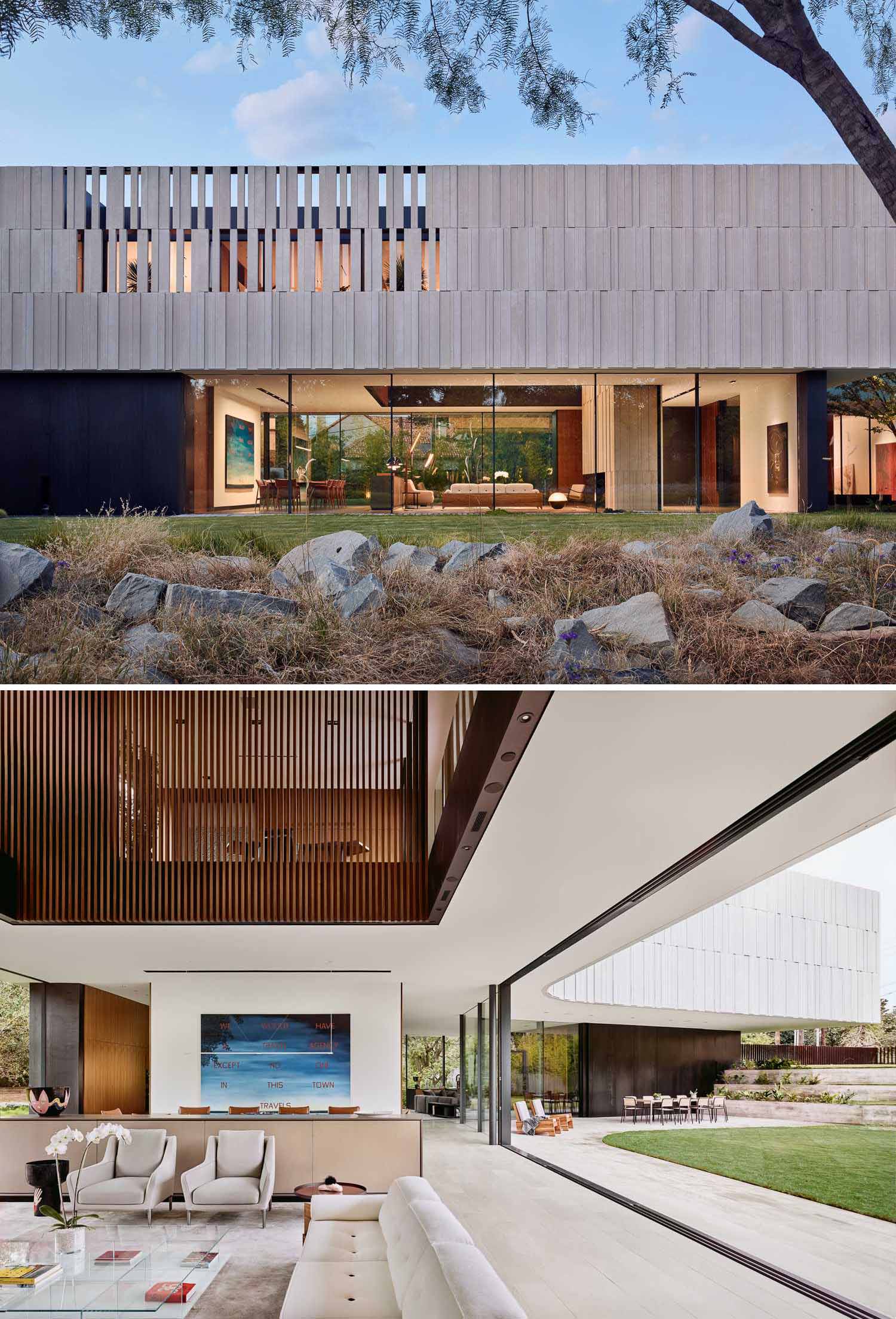 A modern home with a curved design and 40ft long wall of sliding glass doors.