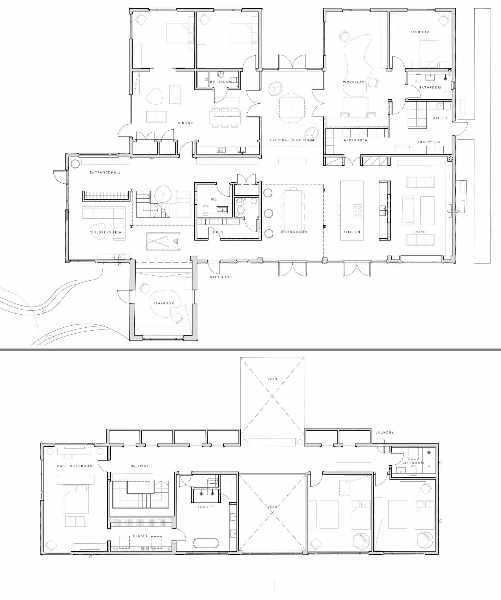 The floor plan of a modern barn-inspired home.