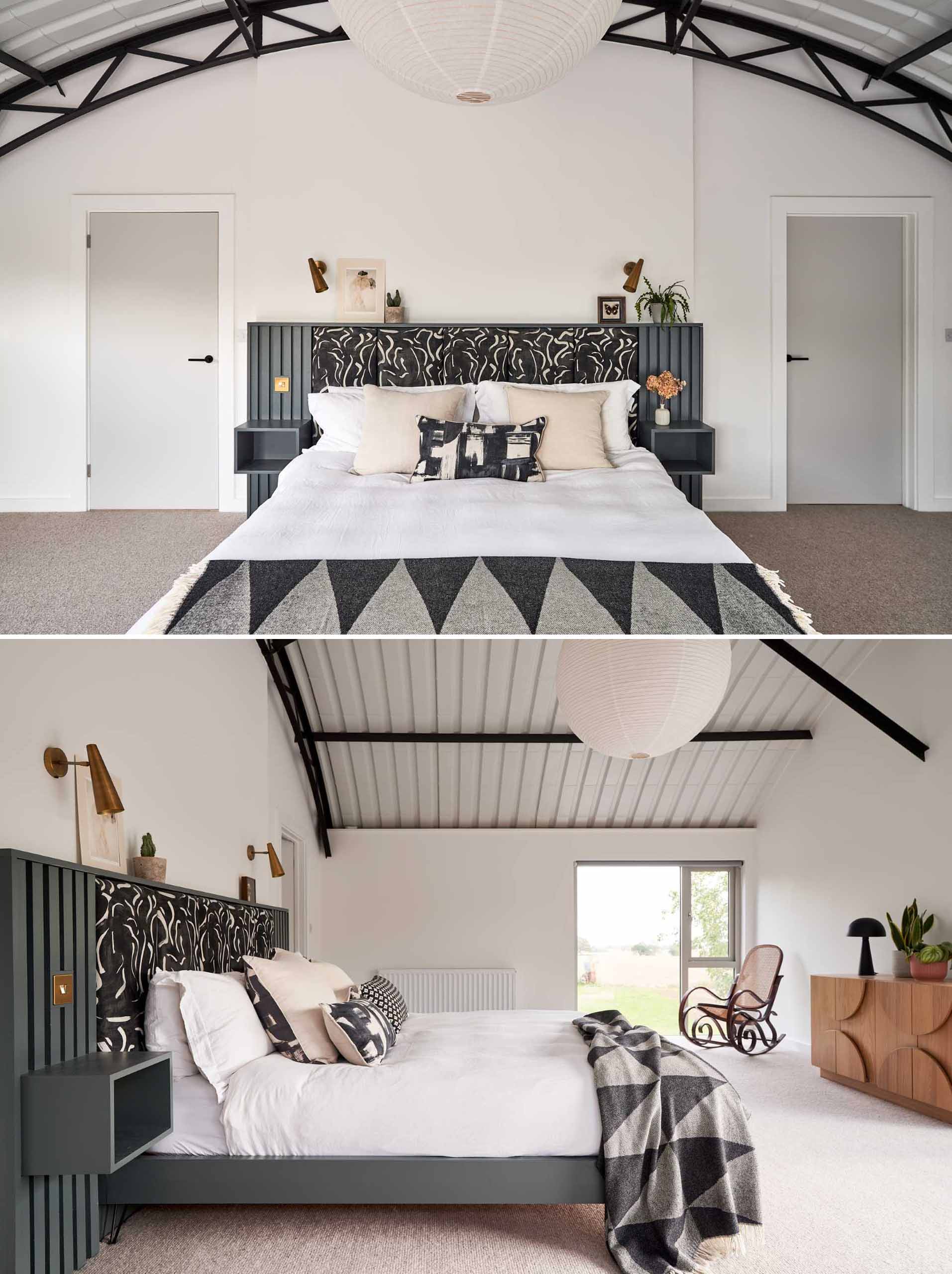 In this primary bedroom, the structural elements of the barn are on display, while the bed headboard incorporates floating bedside tables.