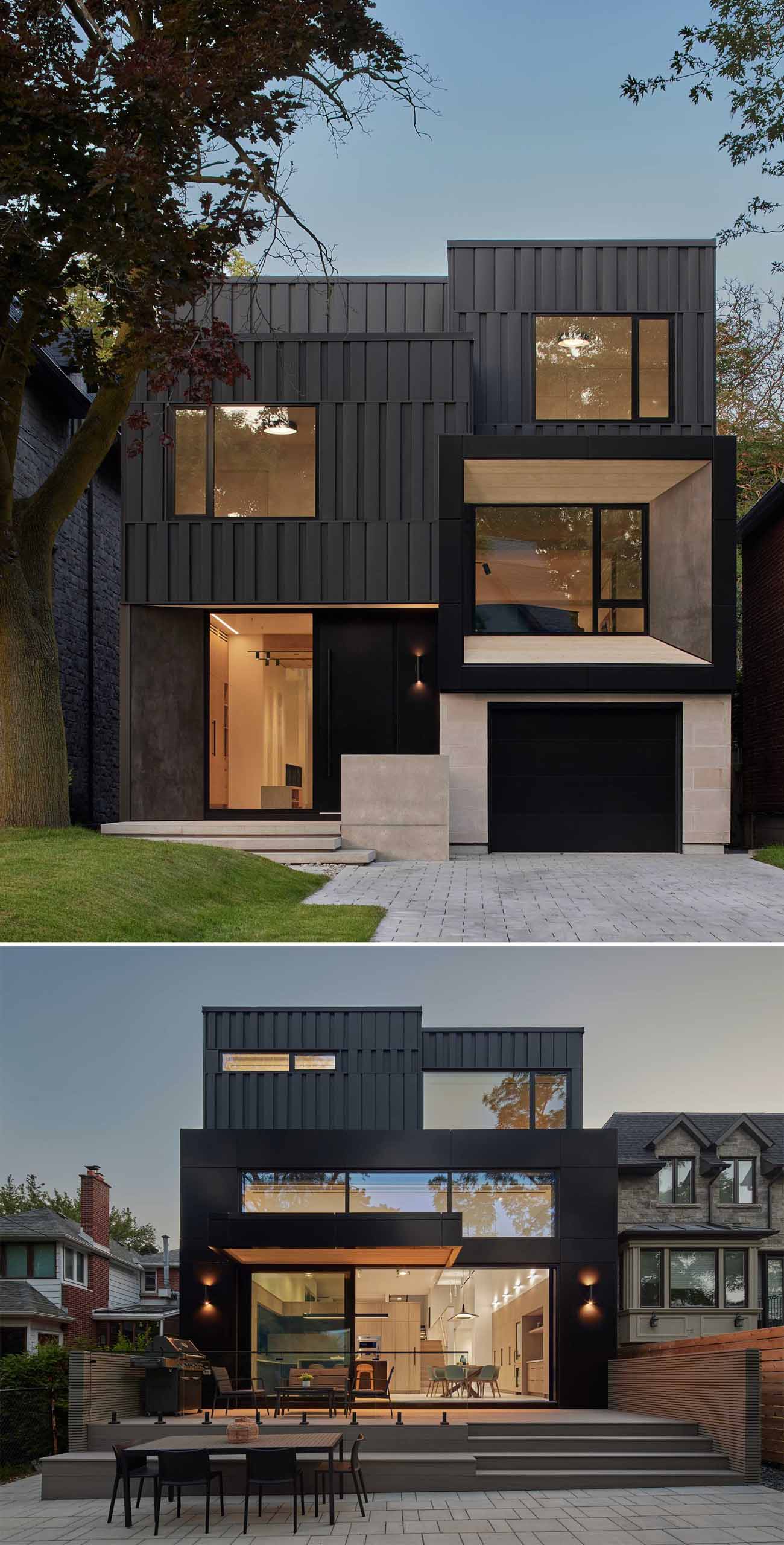 The exterior of this modern home is composed of a series of interlocking volumes, with the upper storeys set back to provide a gentle transition from street level. Clad in rhythmically patterned black metal, the facade is accentuated by warm wood siding and porcelain slabs.