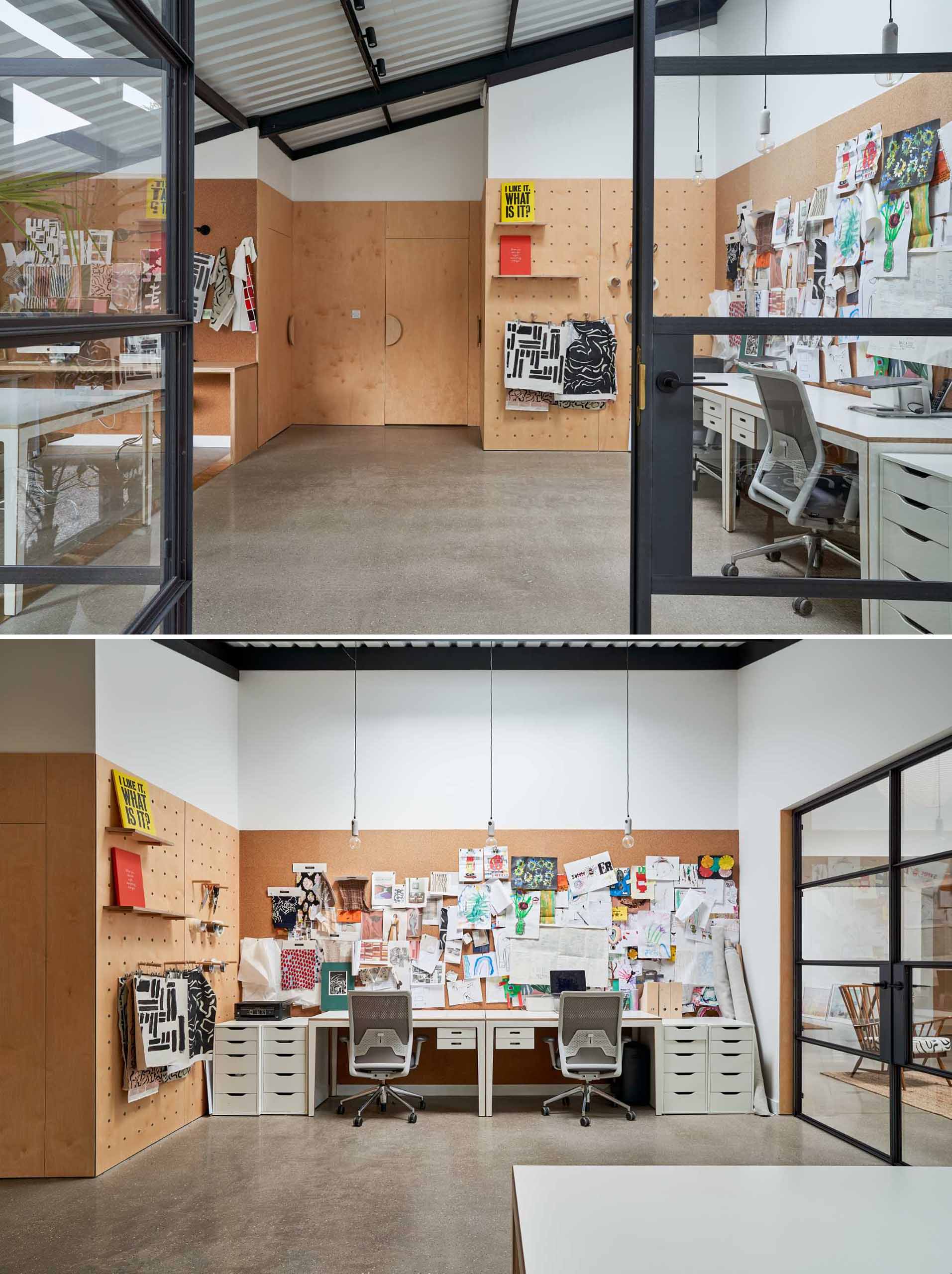 In this home's workroom, there are cork walls, as well as a ply pegboard wall, and different desk areas.