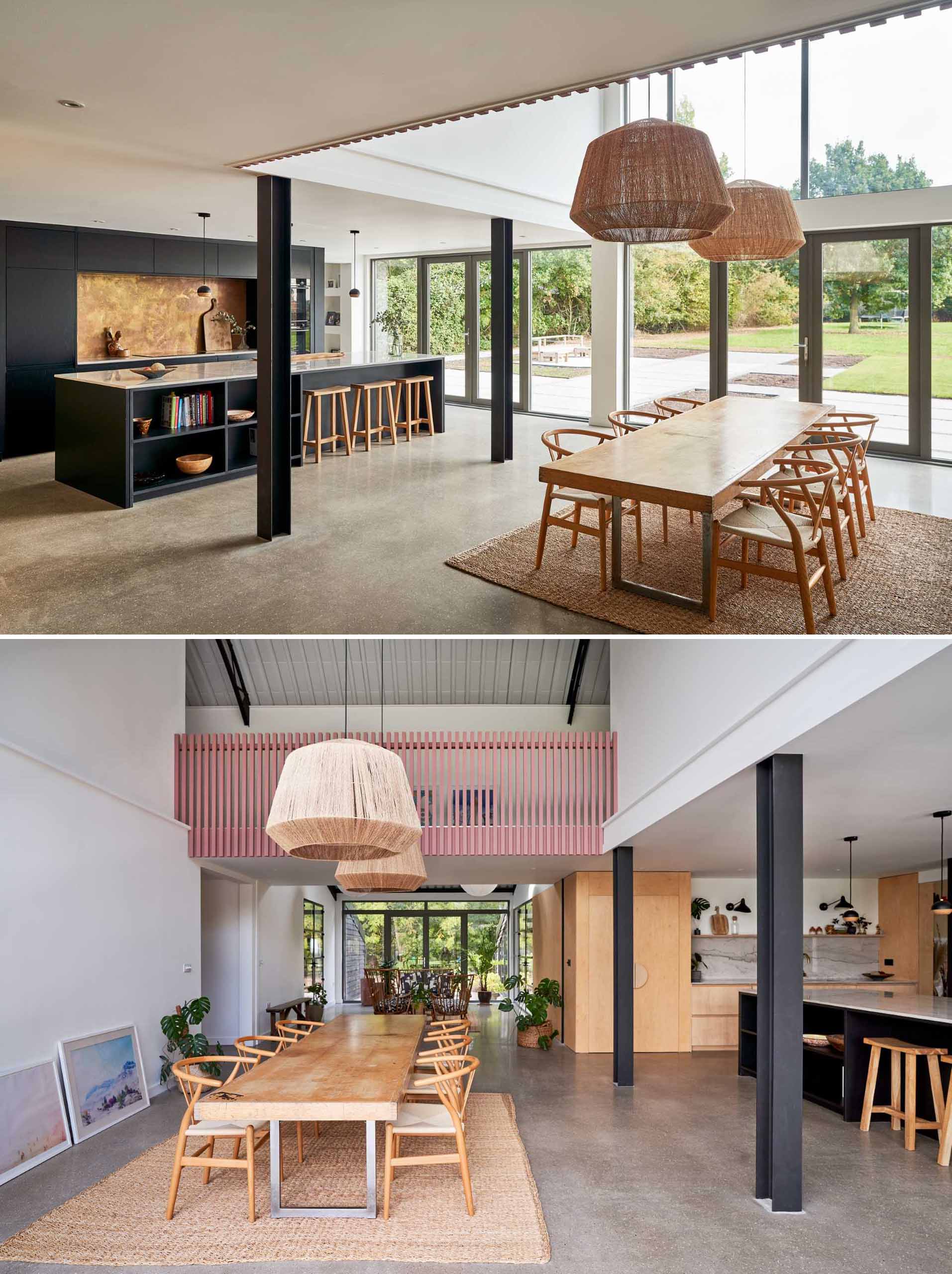 This modern open-plan dining area has a double-height ceiling, allowing the windows to flood the space with natural light, while doors open the interior to the patio and garden.