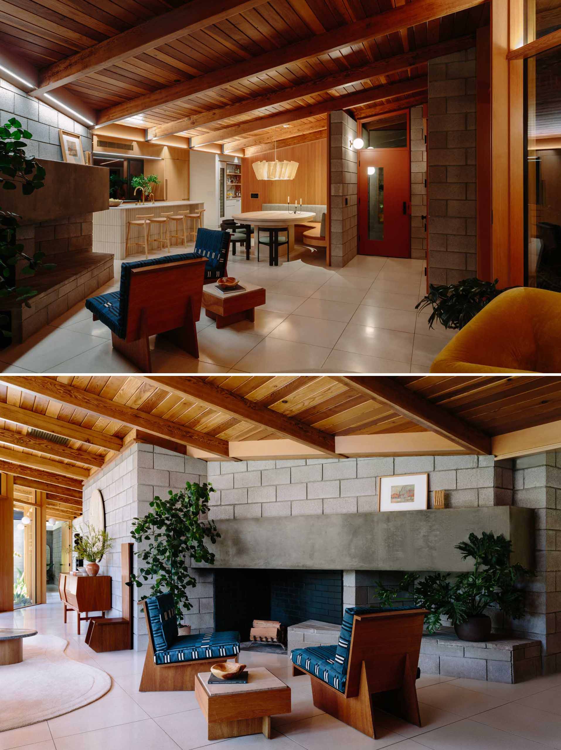 The entryway of a renovated mid-century modern home.