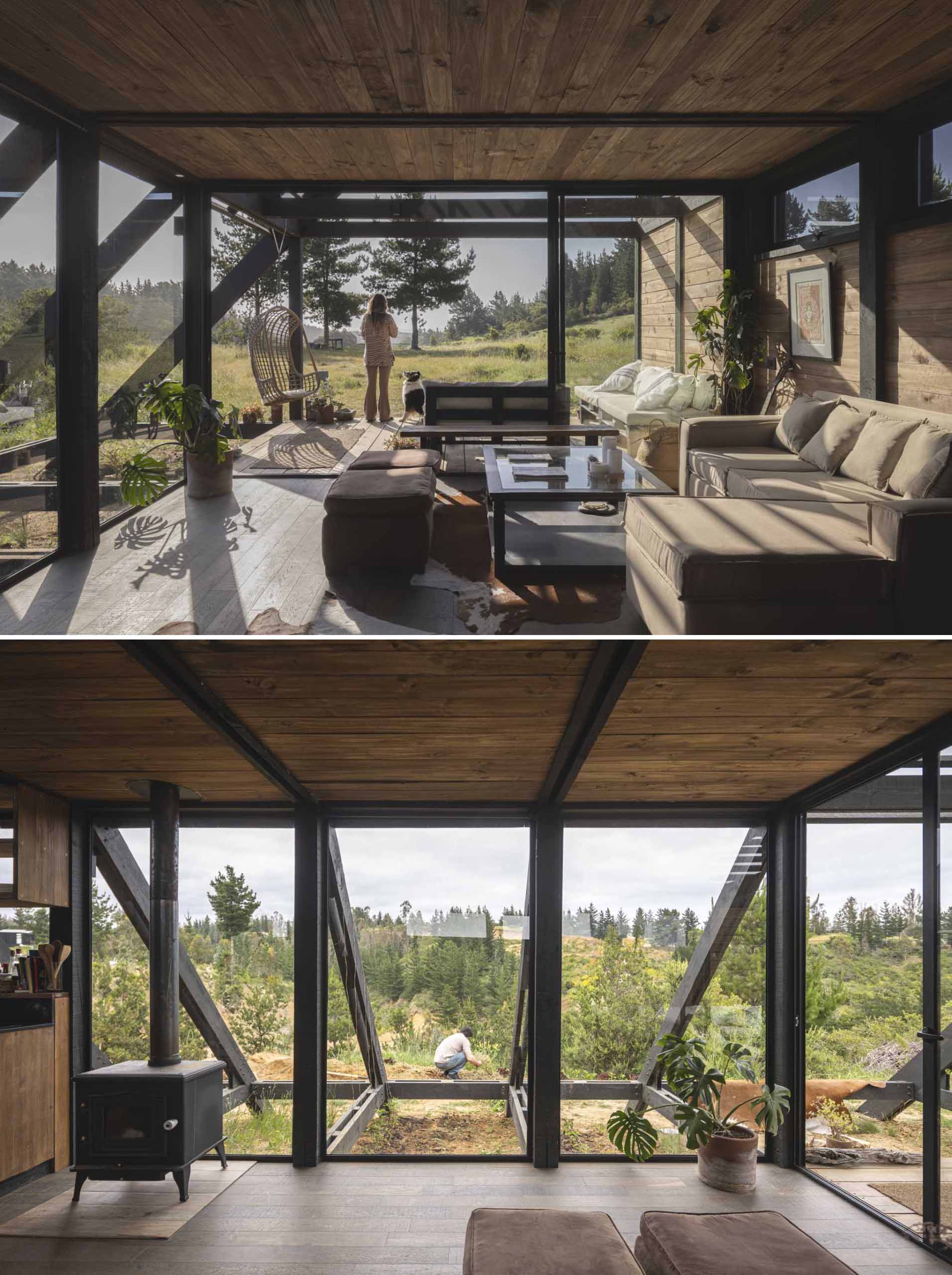 The living room of a small wedge-shaped home.