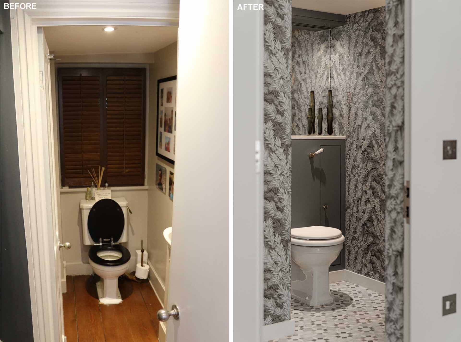 A renovated small guest bathroom with botanical wallpaper.