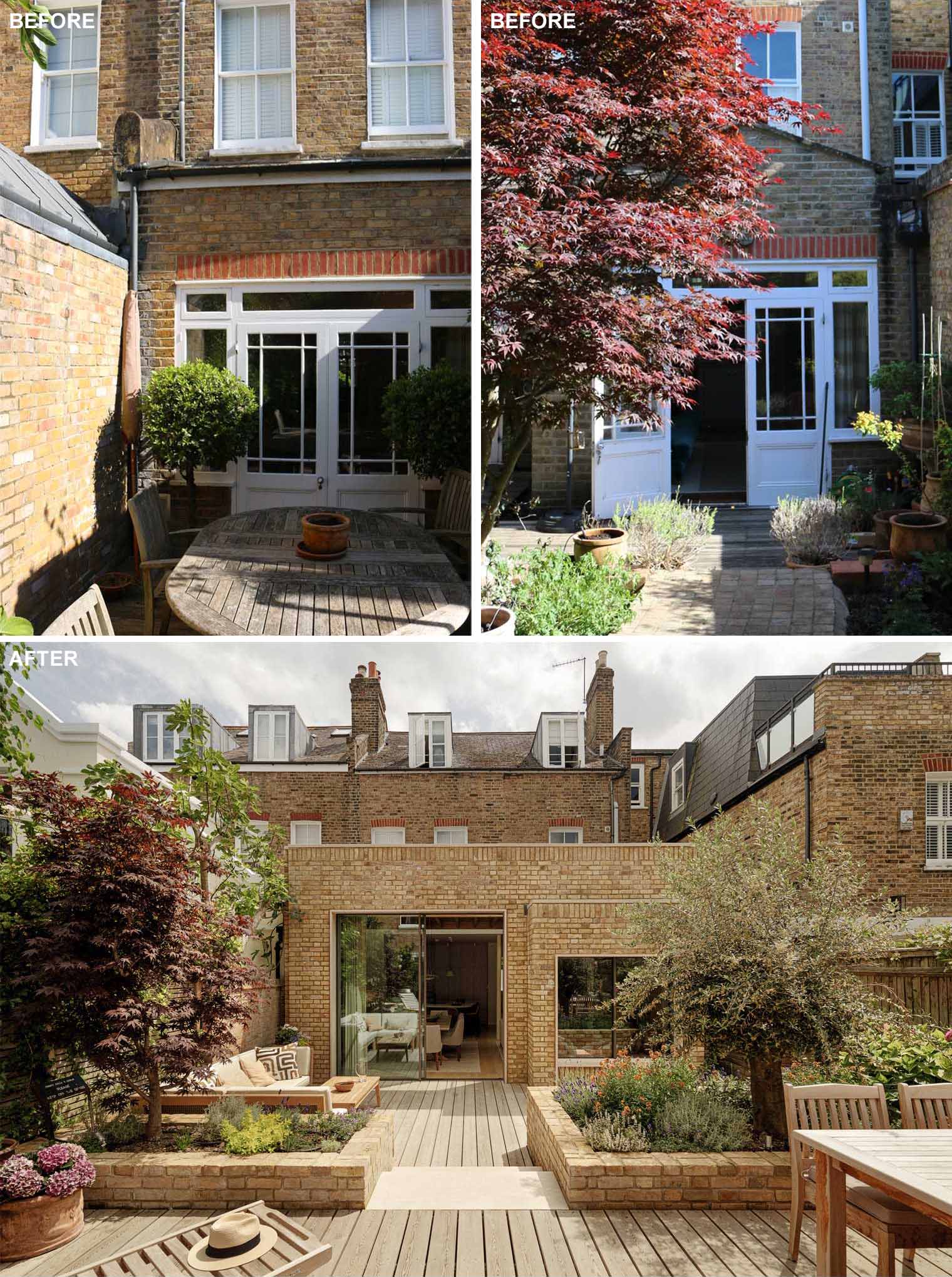 At the rear of this home, a new brick extension with new windows and doors was created, as well an updated wood deck with different levels and sections that include brick planters that separate the spaces, like a lounge area and dining area.