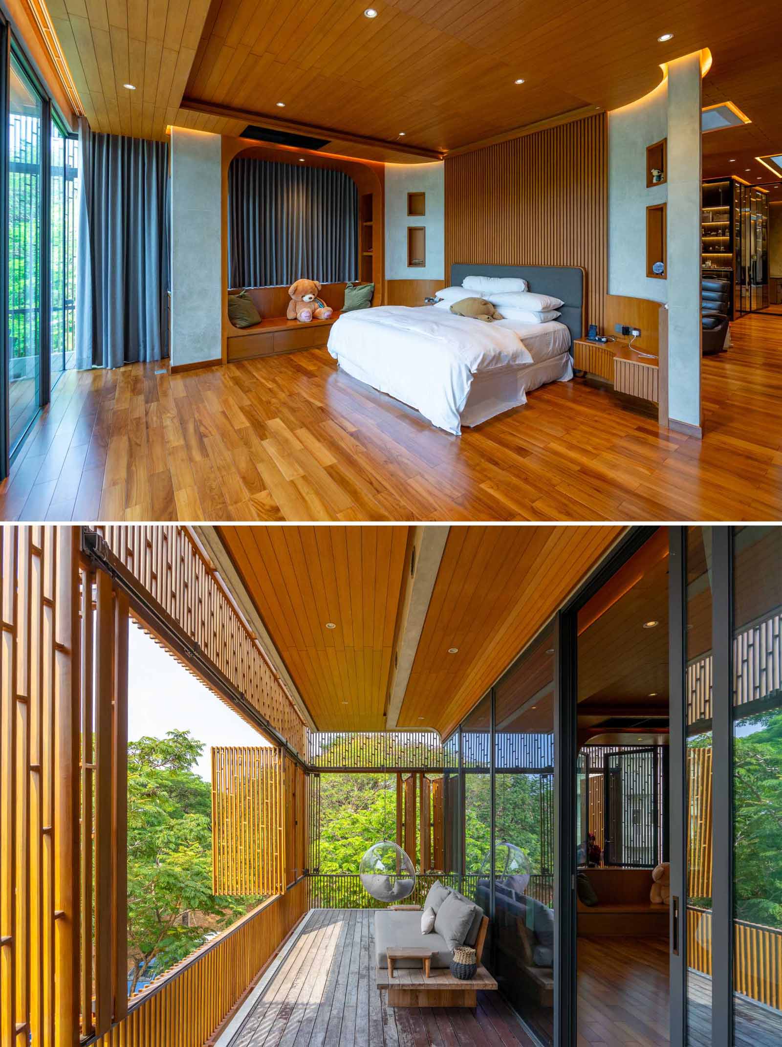 A modern bedroom with wood detailing, a built-in seating area, and a balcony.