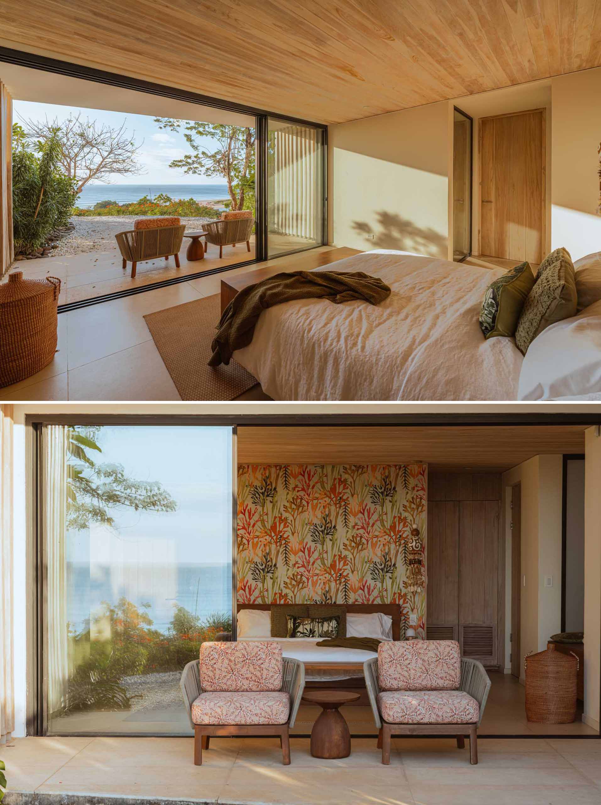 A modern bedroom that opens to a private patio with views of the water.