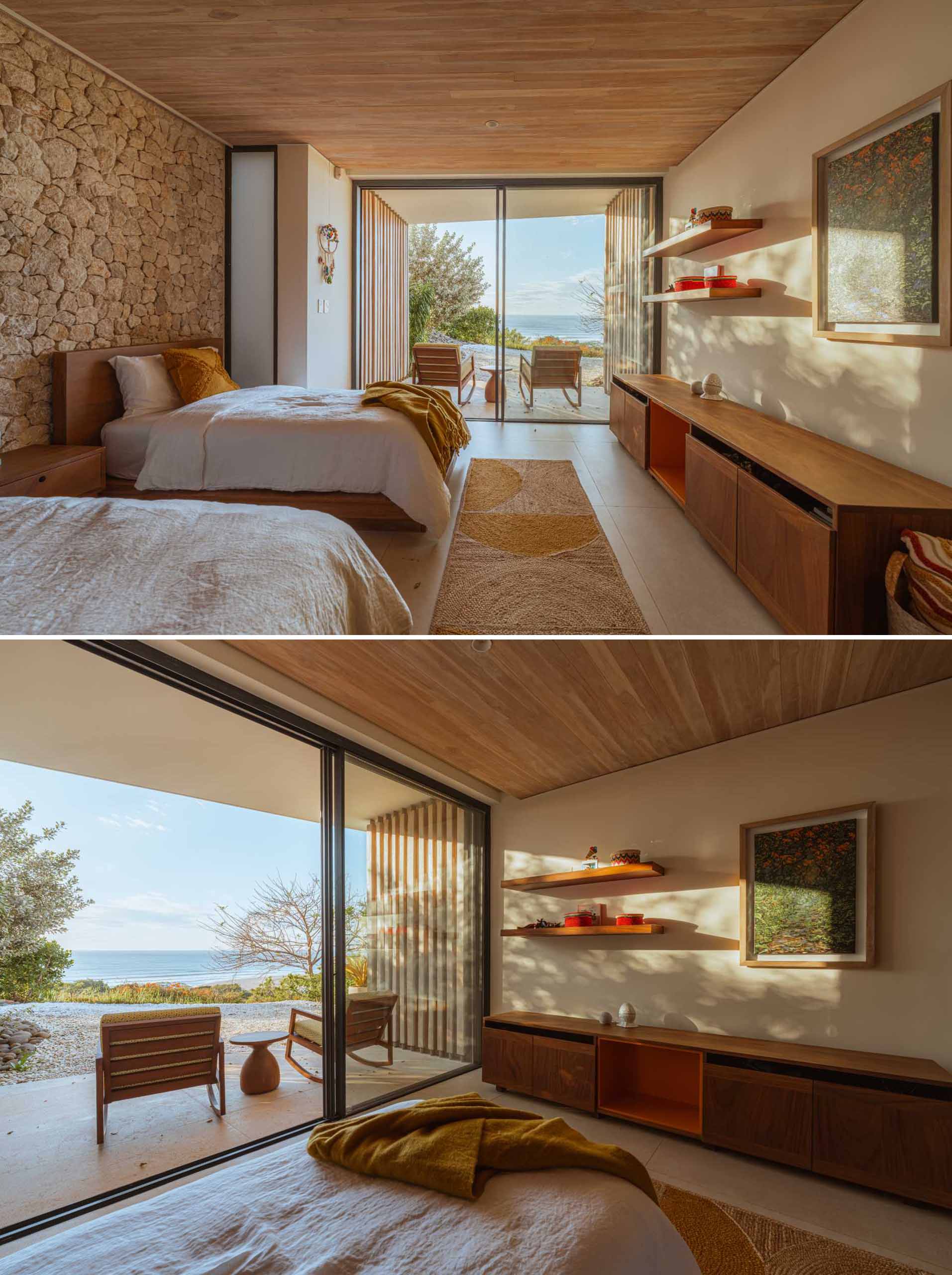 A modern bedroom that opens to a private patio with views of the water.