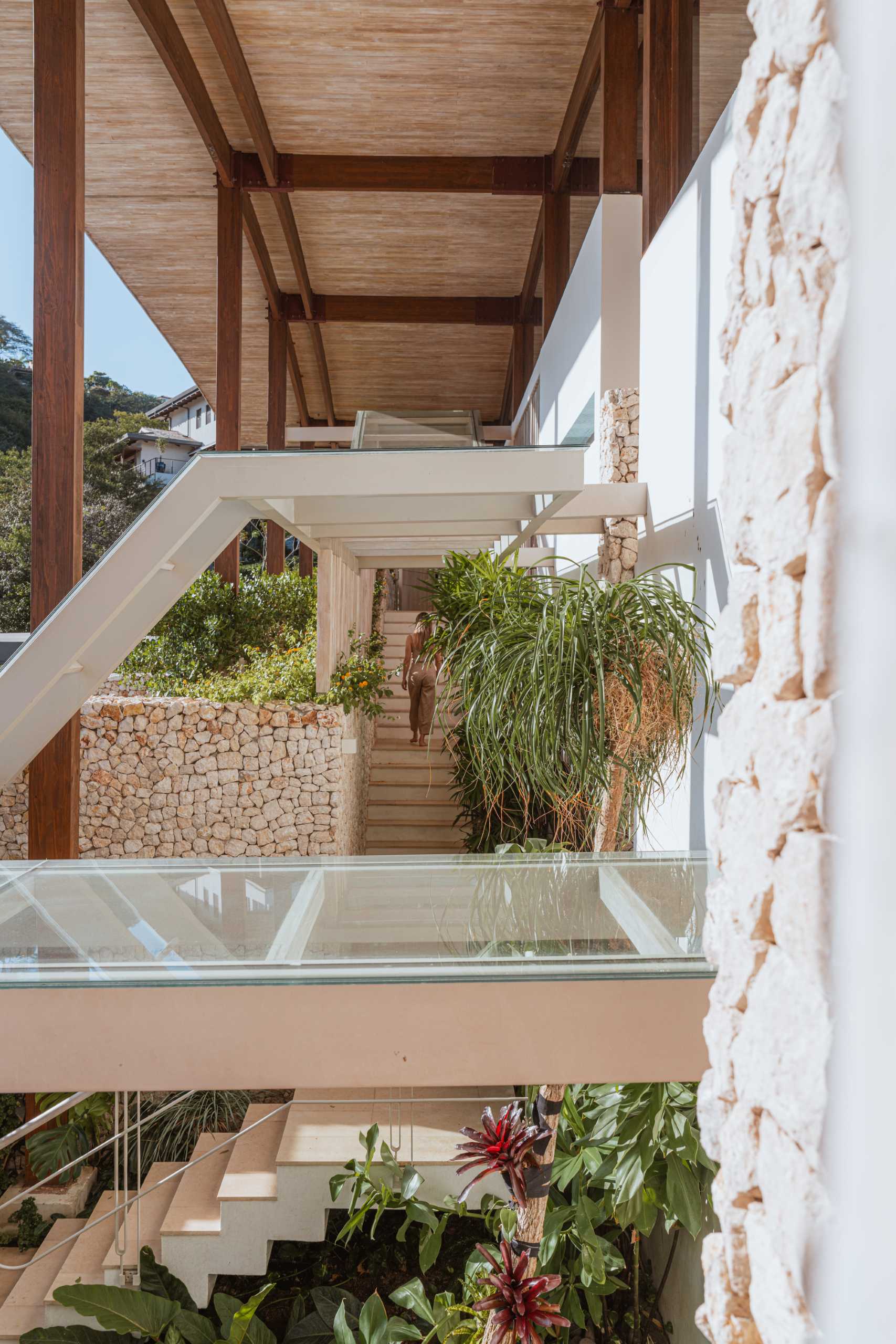 A modern home has a staircase that leads from the entryway up to the open plan social areas, like the living room, dining area, and kitchen.