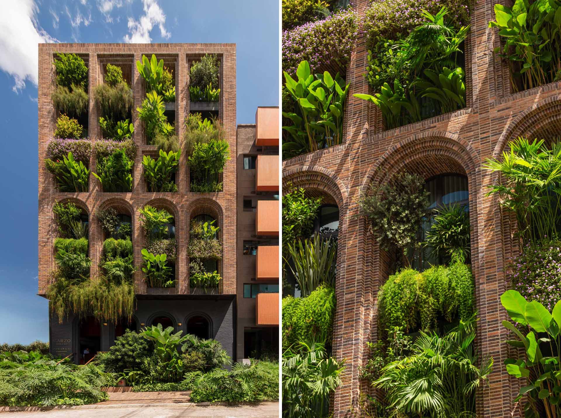 A modern hotel with archways and porticos that houses more than 100 tropical species with an efficient irrigation system.