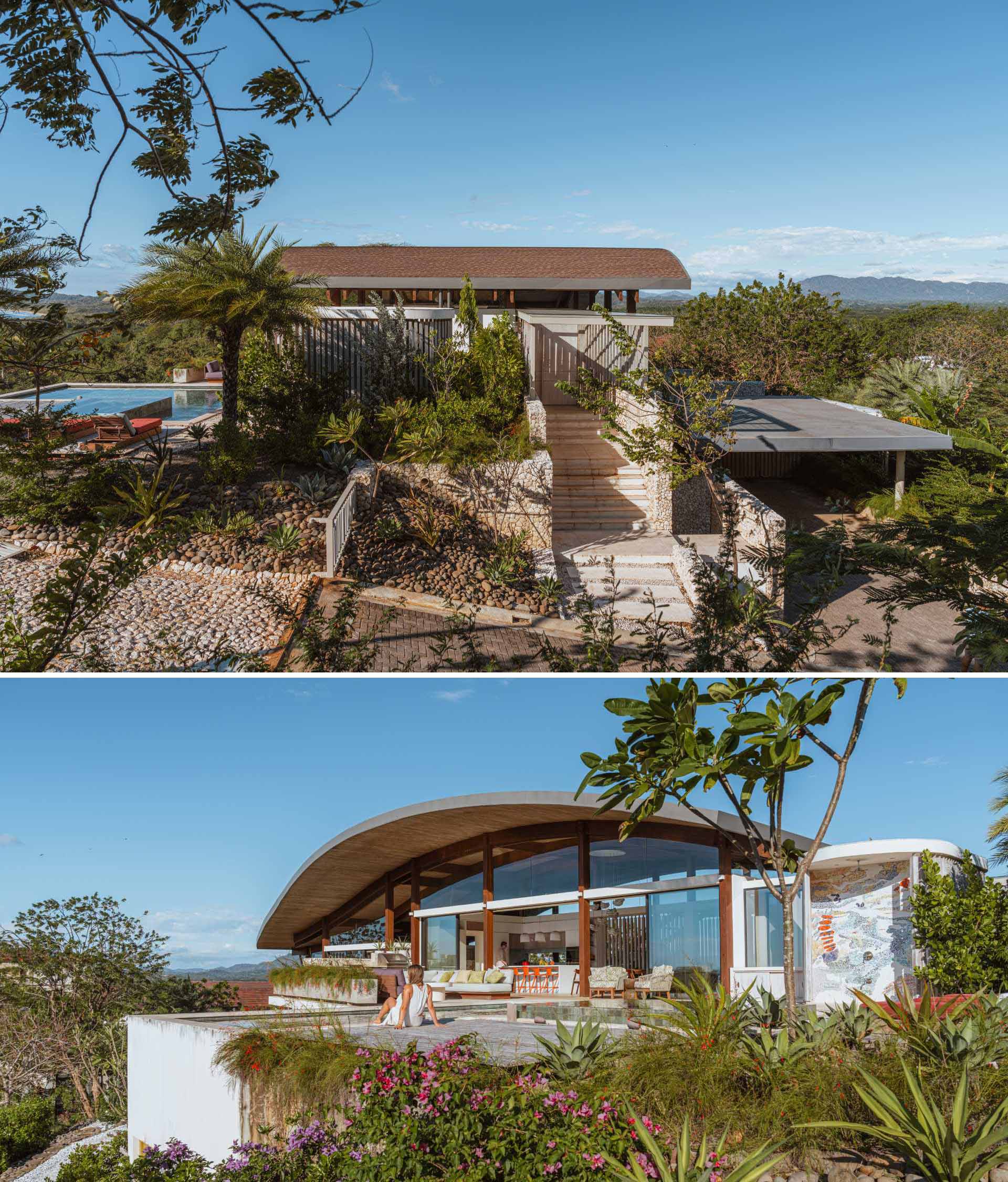 A modern house design with a curved roof.