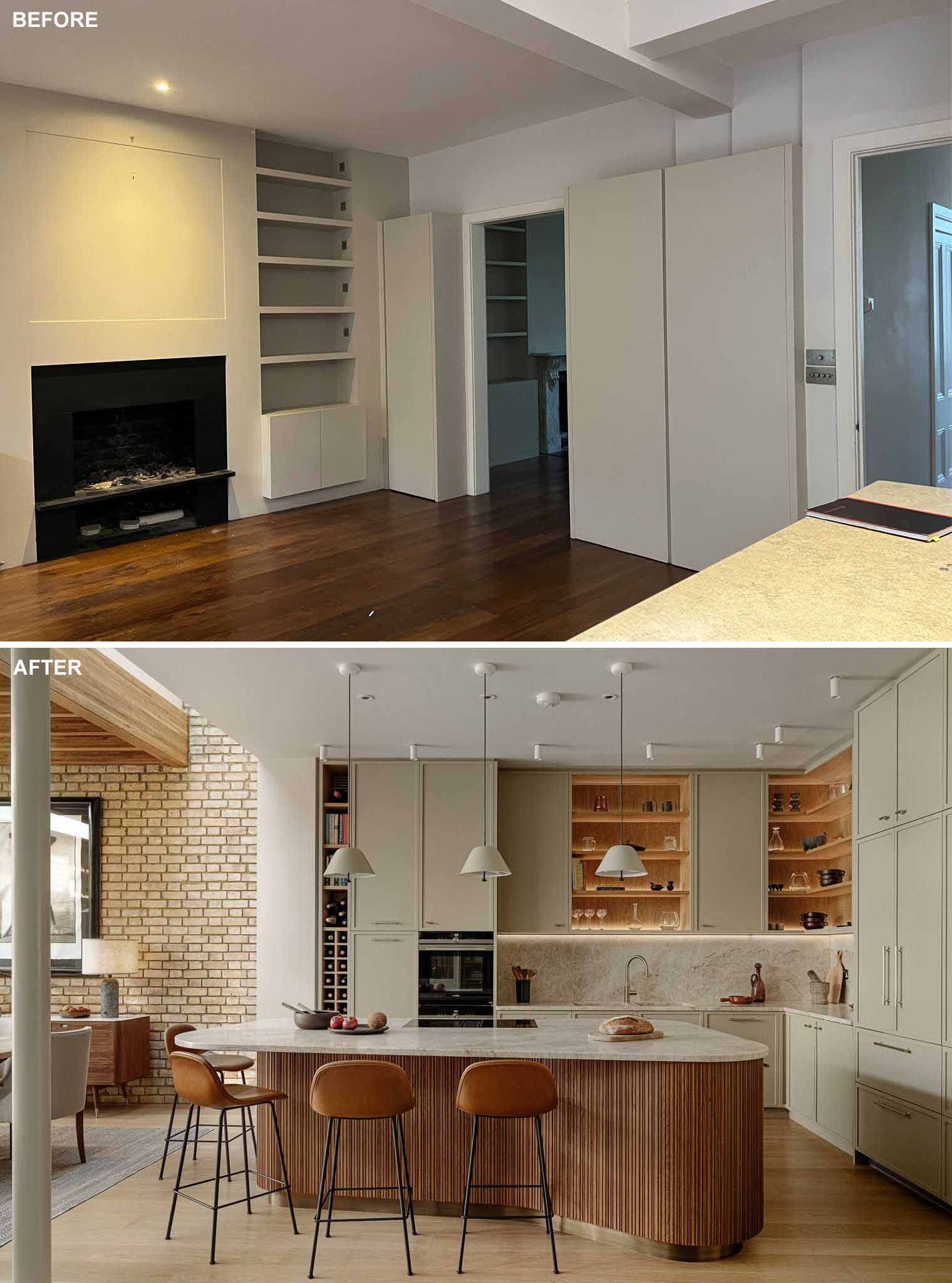 What was once the living room is now the new kitchen. A doorway was closed off to create additional space for kitchen cabinets and countertops, while the kitchen island with a wood front curves to make room for seating.