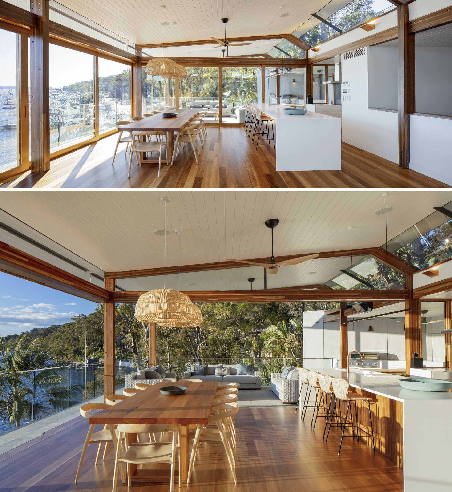 The kitchen has a long island, with the white countertops complementing the white walls and ceiling.