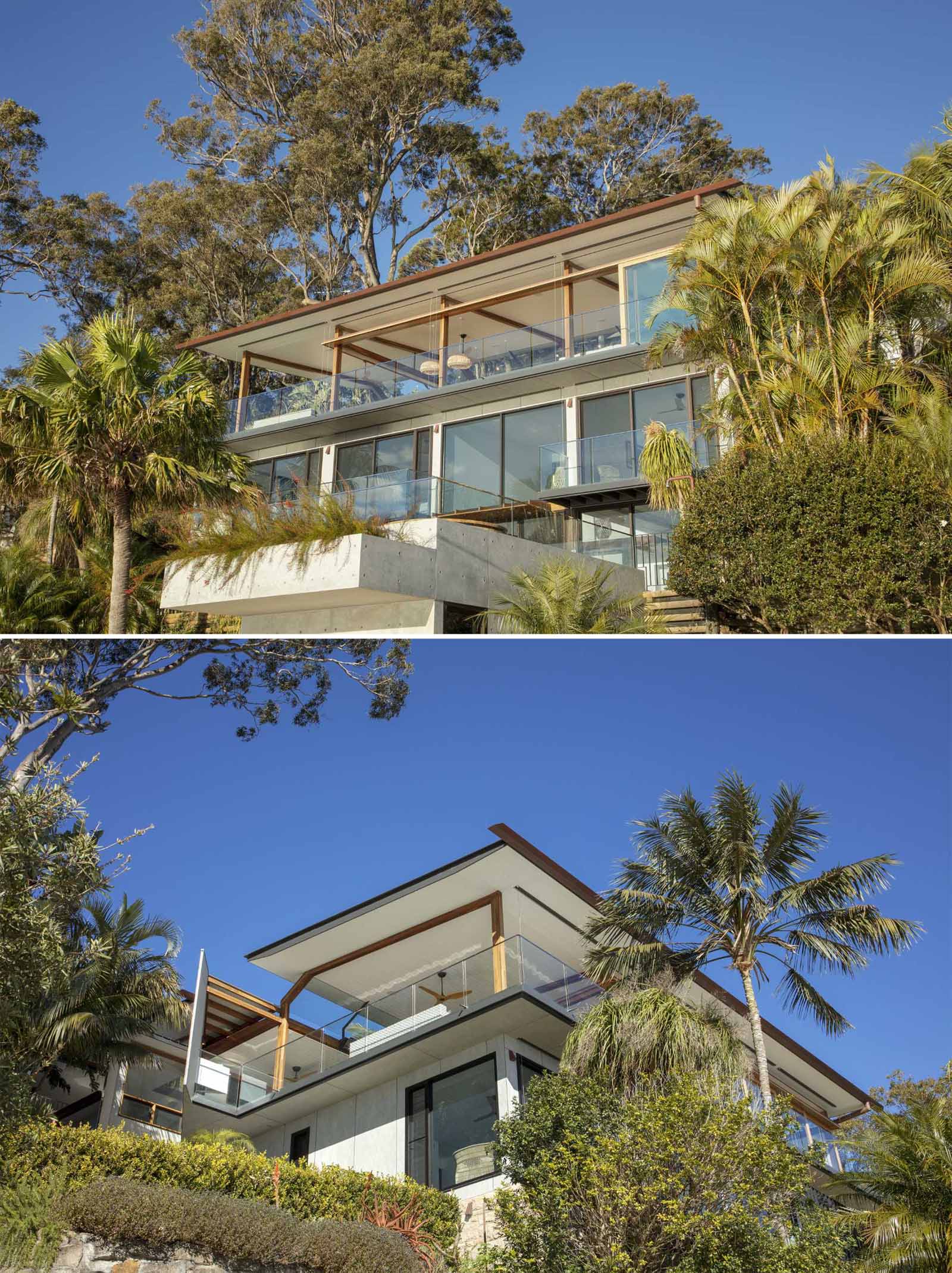 A modern waterfront home features a lightweight floating roof and timber stacking doors that slide away to open the living areas completely to the external terraces and verandah.