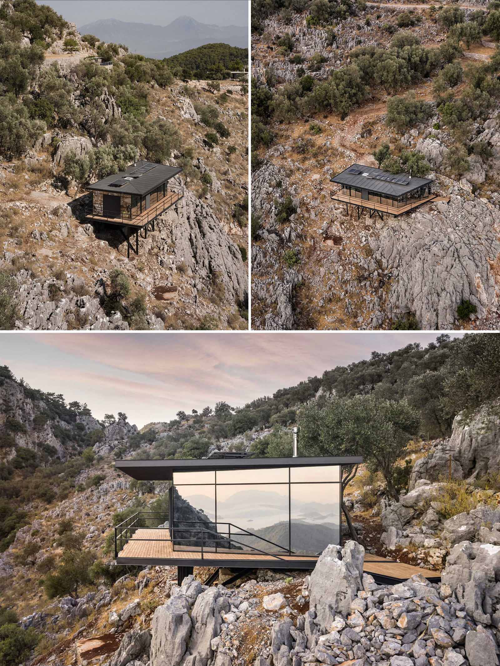 A small one-bedroom cabin with an open plan interior, is made from steel construction and a glass facade.