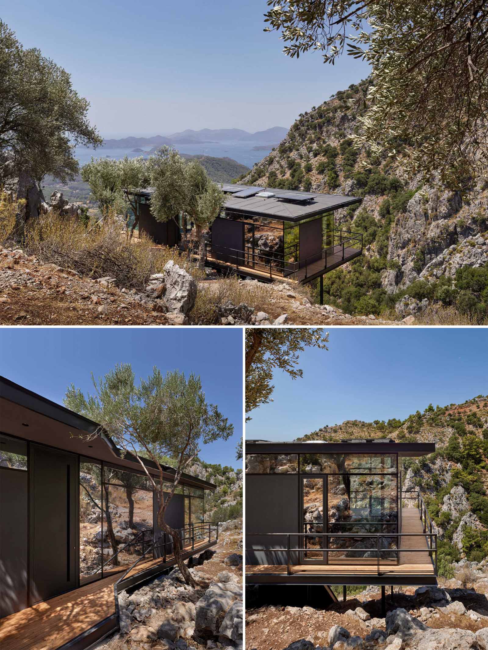 A small one-bedroom cabin with an open plan interior, is made from steel construction and a glass facade.