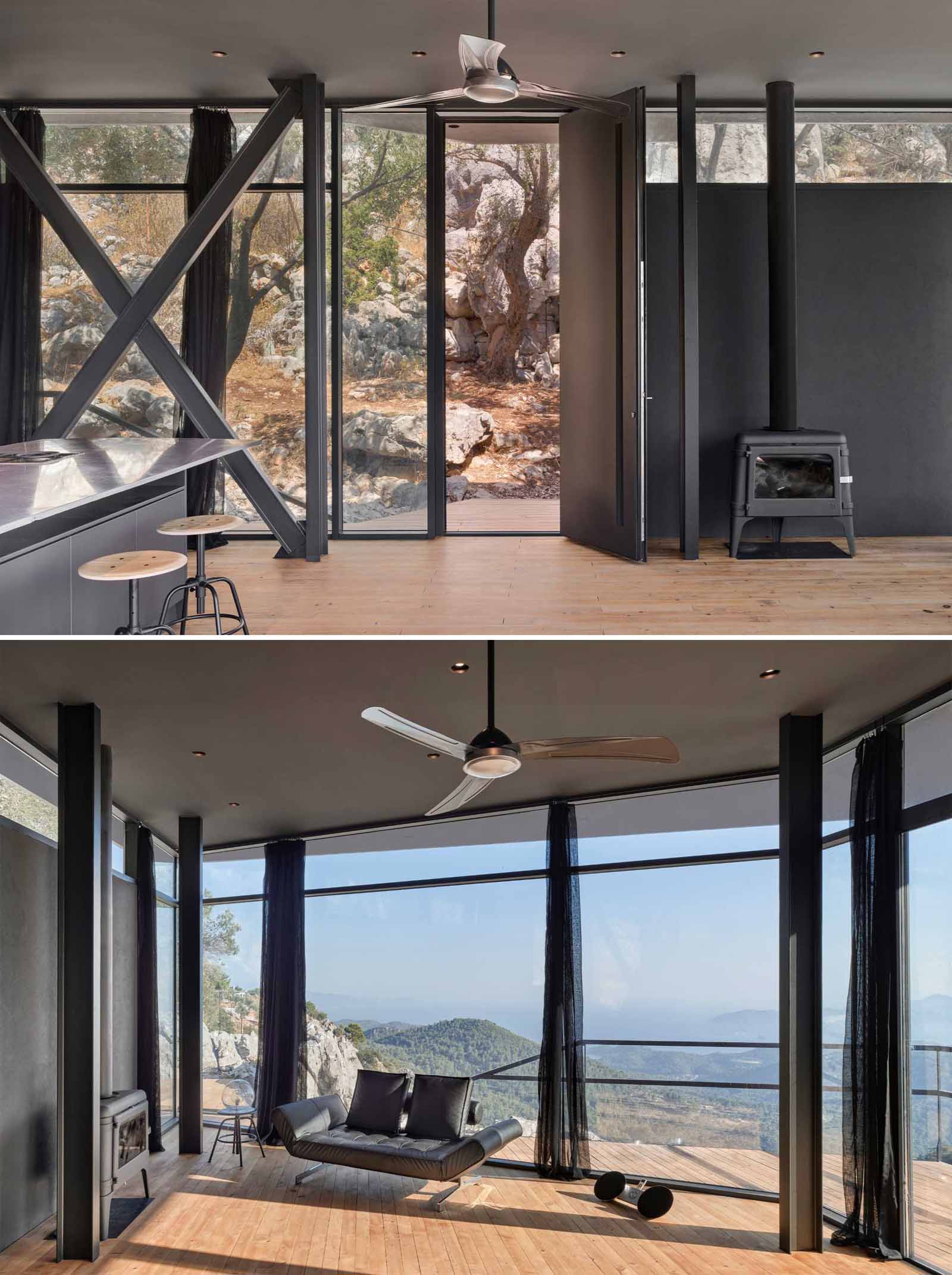 A small one-bedroom cabin with an open plan interior, is made from steel construction and a glass facade.