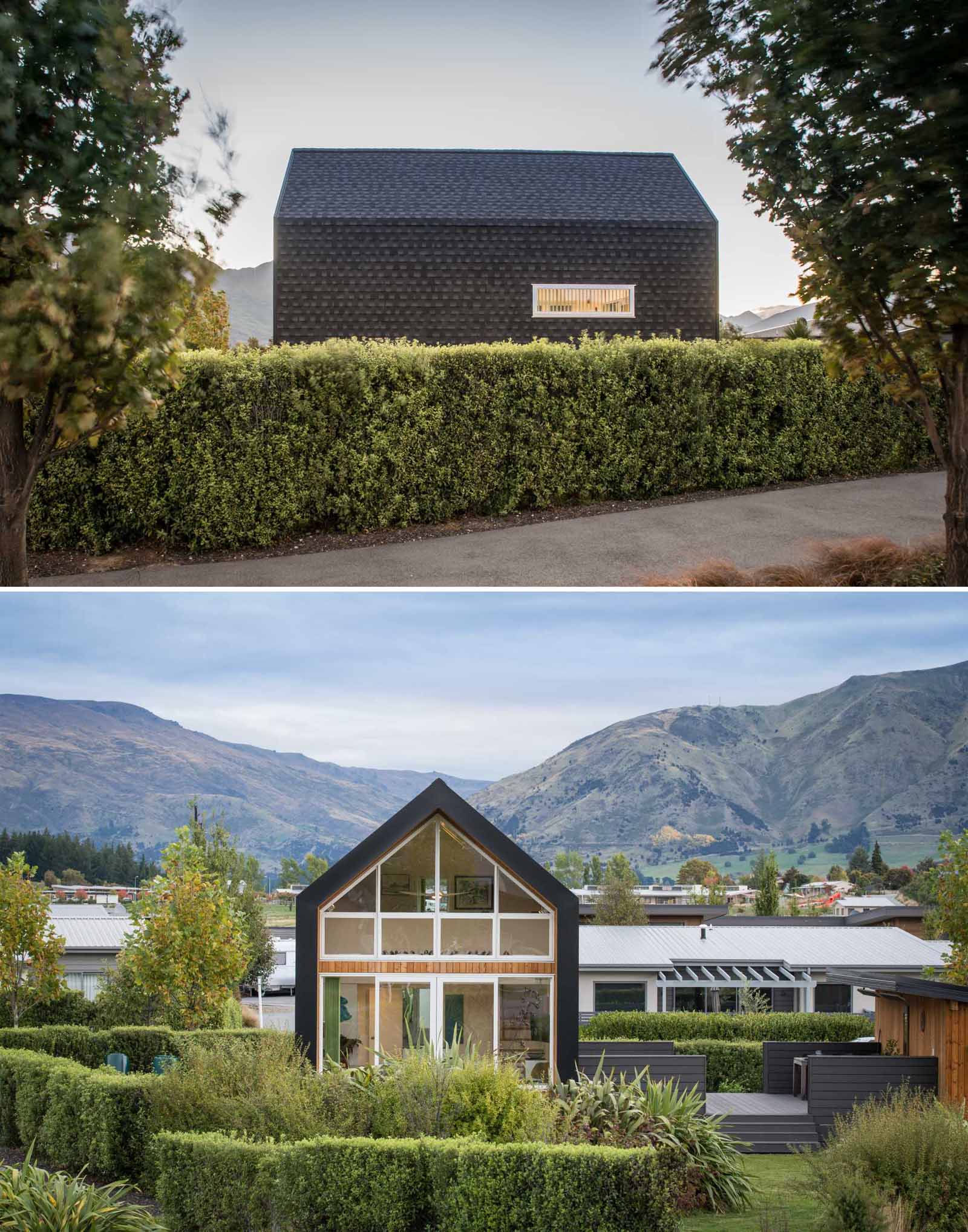 A small one bedroom home with an exterior of asphalt shingles and larch weatherboards.