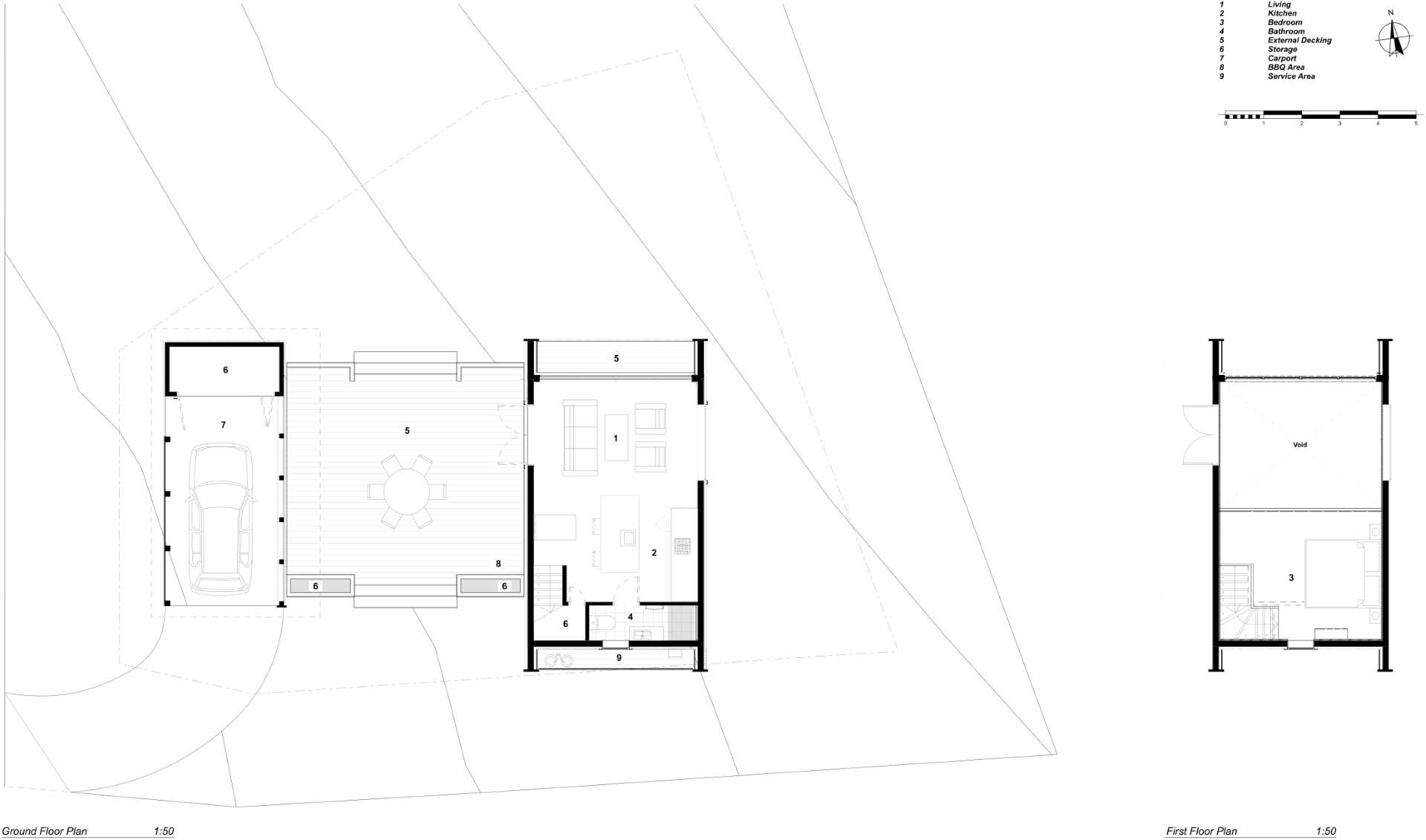 Architectural drawings for a small one bedroom home.